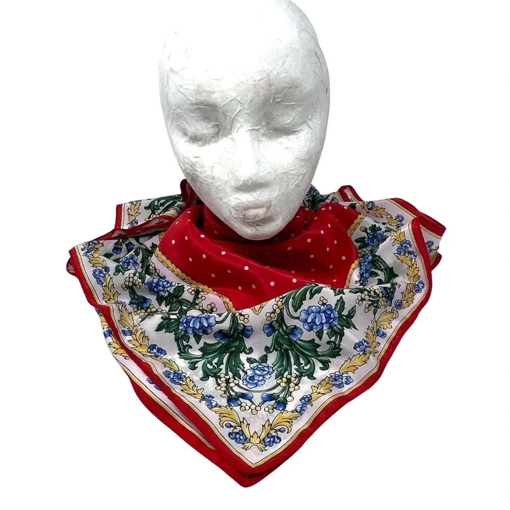 Red Floral Polka Dot Women's Square Scarf Preppy Old‎ Money French Girl Office